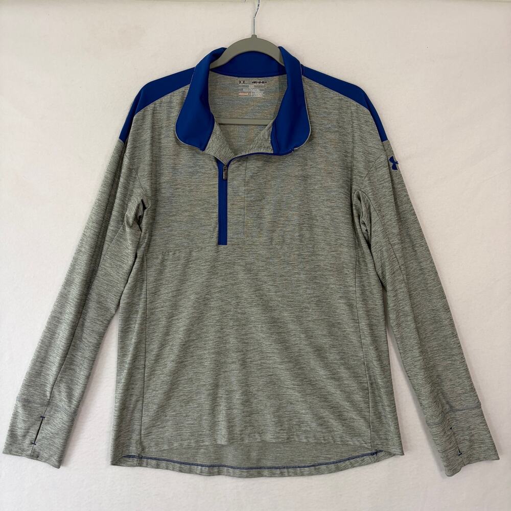 Under Armour Loose Fit Pullover Shirt Mens Gray Blue 1/4 Zip Long Sleeve